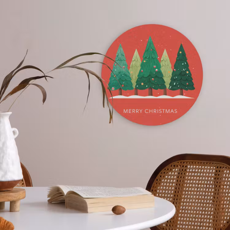 Minimalistisch - Kerstbomen - Rood - Sneeuw Akoestische PET Vilt - Rond klein -sfeer3