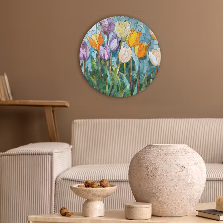 Mozaïek - Veld - Tulpen - Kleurrijk Akoestische PET Vilt - Rond klein -sfeer1