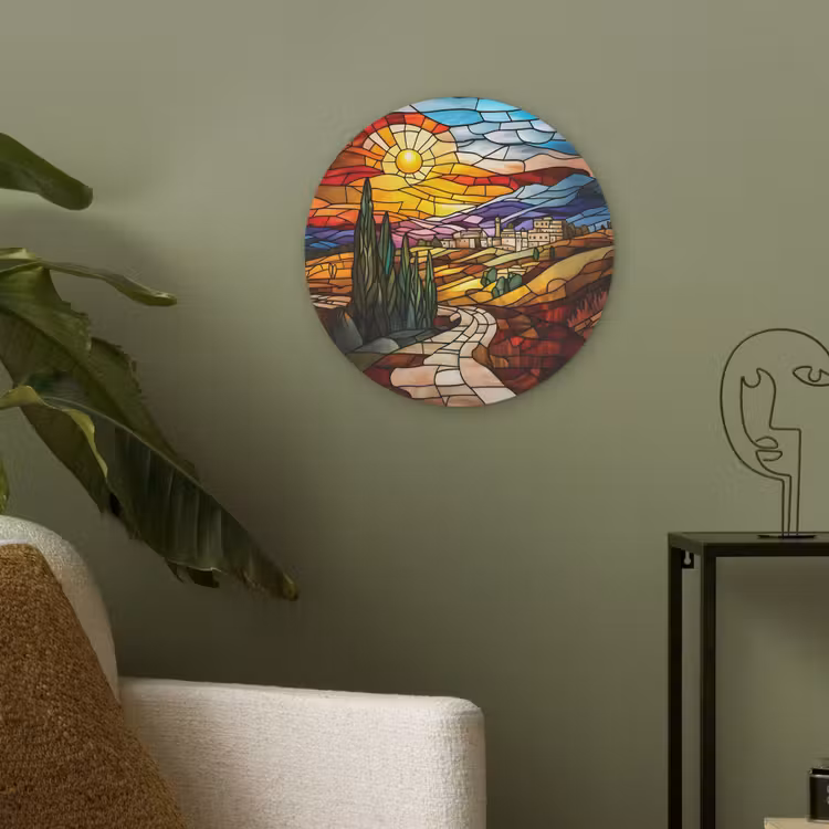Mozaïek - Zon - Landschap - Dorp Akoestische PET Vilt - Rond klein -sfeer2