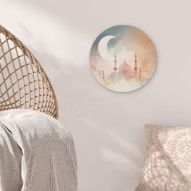 Moskee - Kleurrijke wolken - Arabisch - Ramadan - Islamitische Akoestische PET Vilt - Rond klein -sfeer4