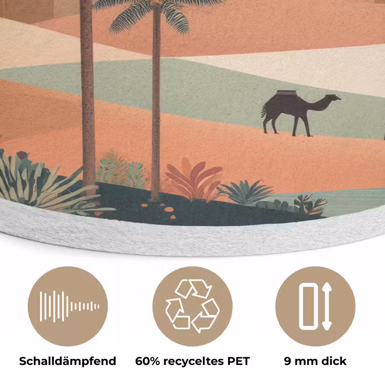 Nachtlandschap - Kamelen - Sterren - zandduinden Akoestische PET Vilt - Rond klein -closeup_DE