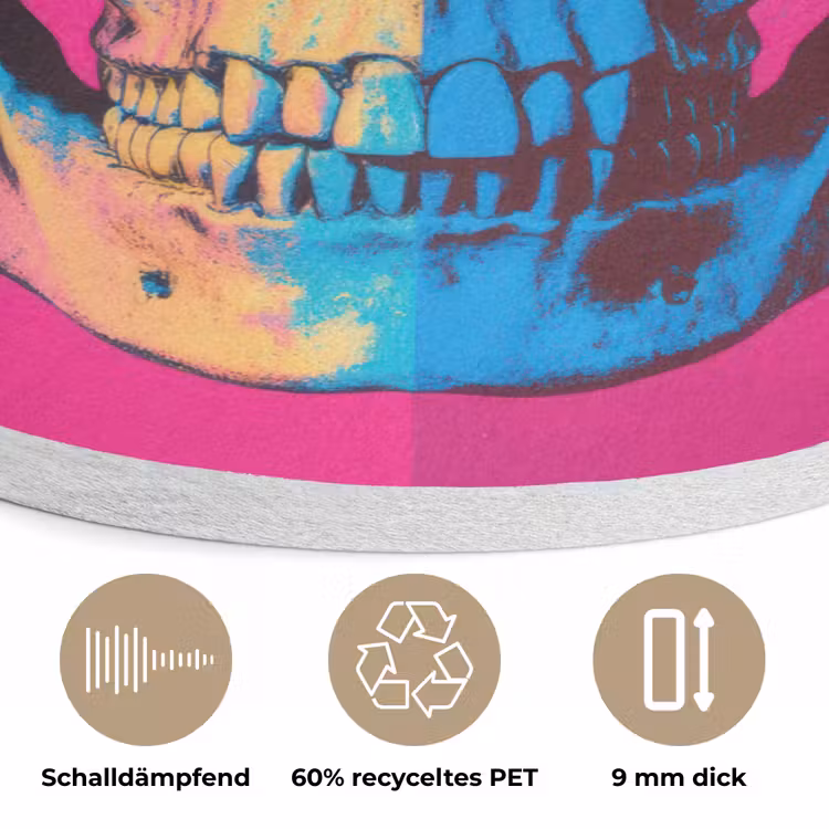 Neon - Blauw - Pop-art - Schedel Akoestische PET Vilt - Rond klein -closeup_DE