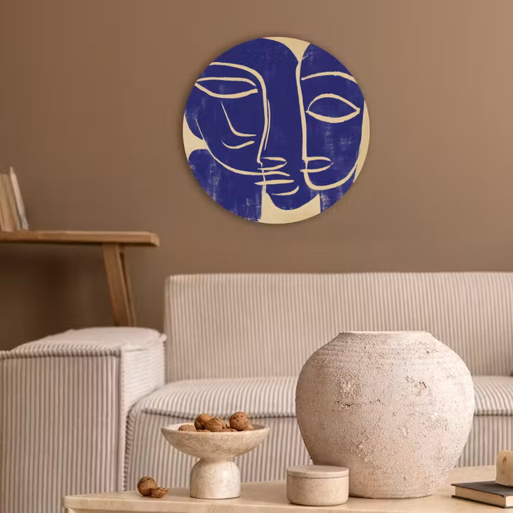 Okergeel - Blauw - Eenvoudige lijnen Akoestische PET Vilt - Rond klein -sfeer1
