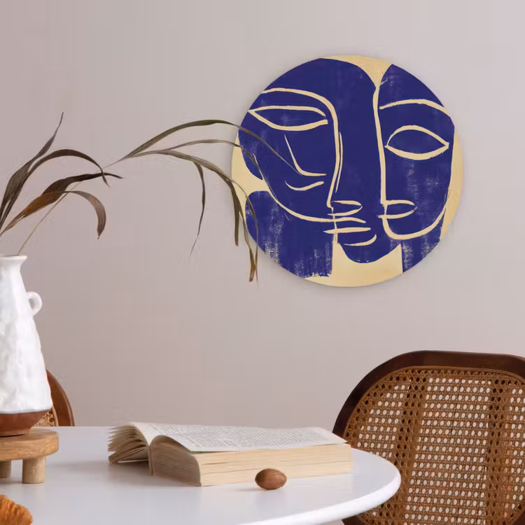 Okergeel - Blauw - Eenvoudige lijnen Akoestische PET Vilt - Rond klein -sfeer3