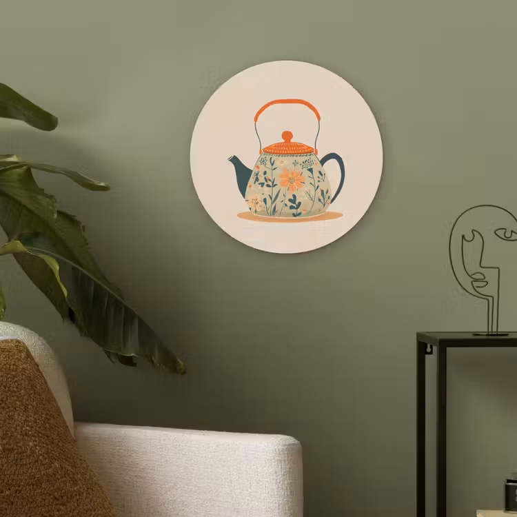 Oranje - Theepot - Bloemen - Bladeren Akoestische PET Vilt - Rond klein -sfeer2