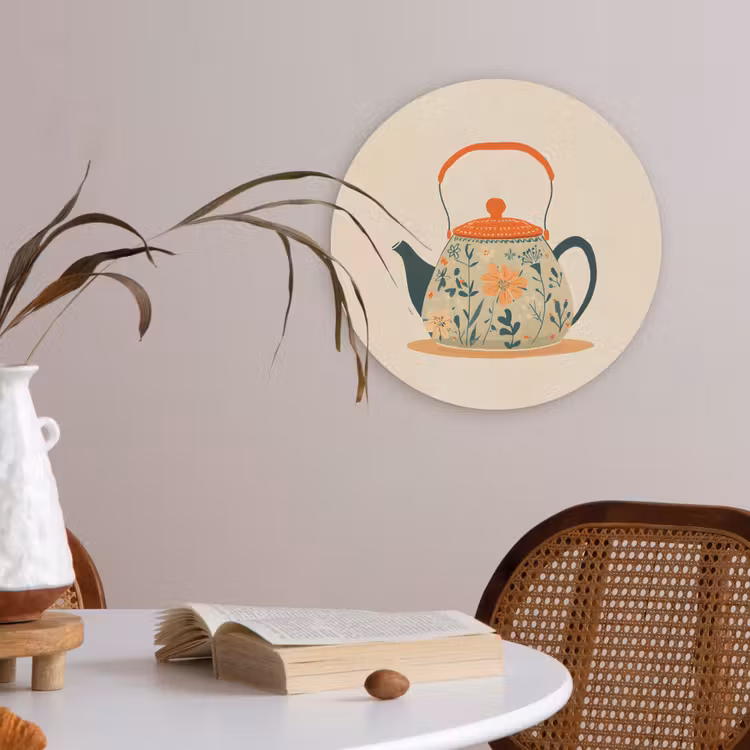 Oranje - Theepot - Bloemen - Bladeren Akoestische PET Vilt - Rond klein -sfeer3