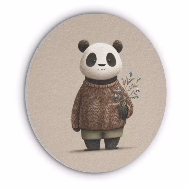 Panda - Blauwe bloemen - Zachtheid Akoestische PET Vilt - Rond klein -3d