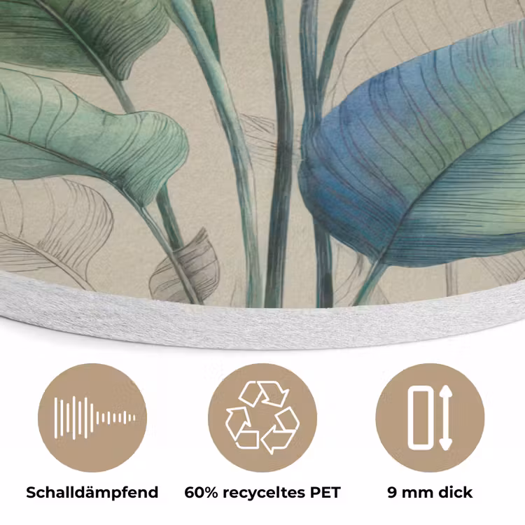 Paradijsvogelbloemen - Blauwgroene bladeren - Beige Akoestische PET Vilt - Rond klein -closeup_DE