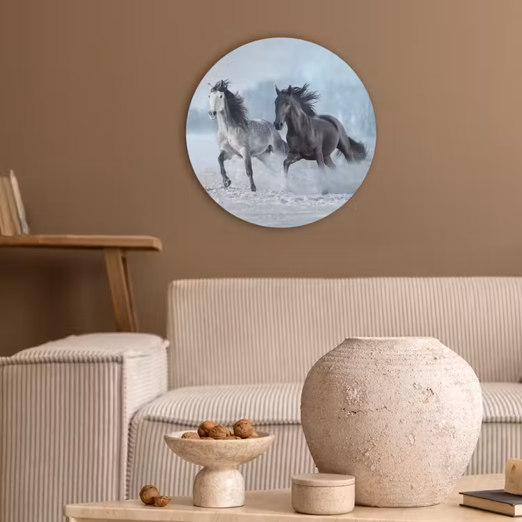 Paarden - Winter - Dieren - Natuur - Sneeuw Akoestische PET Vilt - Rond klein -sfeer1