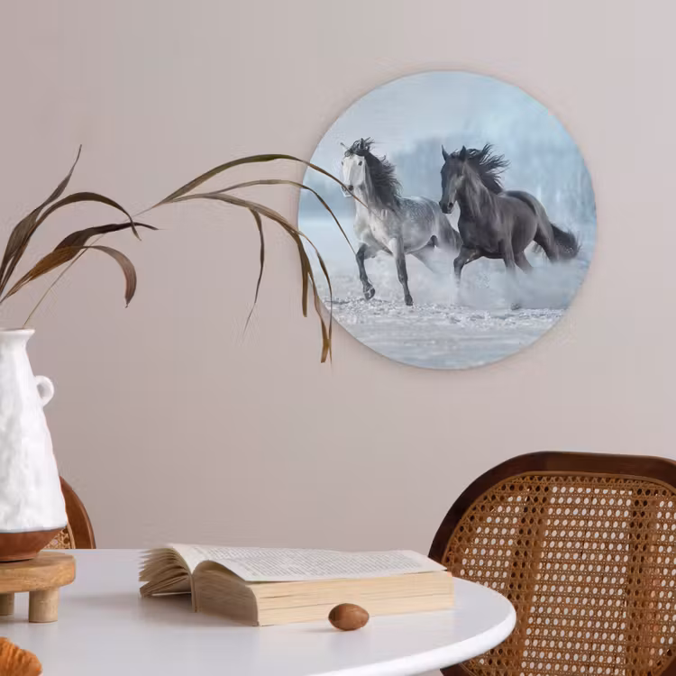 Paarden - Winter - Dieren - Natuur - Sneeuw Akoestische PET Vilt - Rond klein -sfeer3