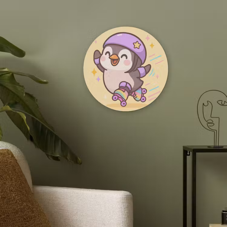 Pinguïn - Rolschaatsen - Geel - Energiek Akoestische PET Vilt - Rond klein -sfeer2