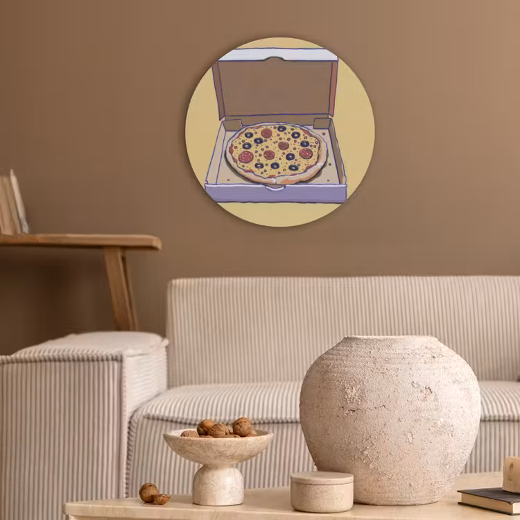 Pizza - Doos - Salami - Illustratie Akoestische PET Vilt - Rond klein -sfeer1