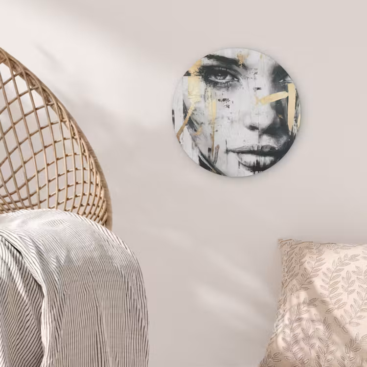 Portret - Vrouw - Penseelstreken - Goud Akoestische PET Vilt - Rond klein -sfeer4