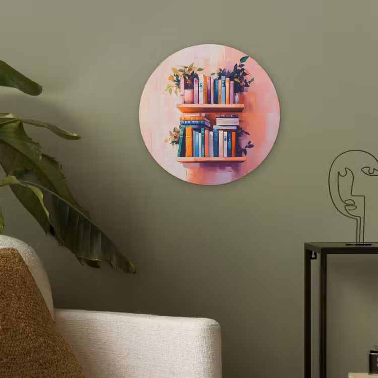 Planken - Boeken - Bladeren Akoestische PET Vilt - Rond klein -sfeer2