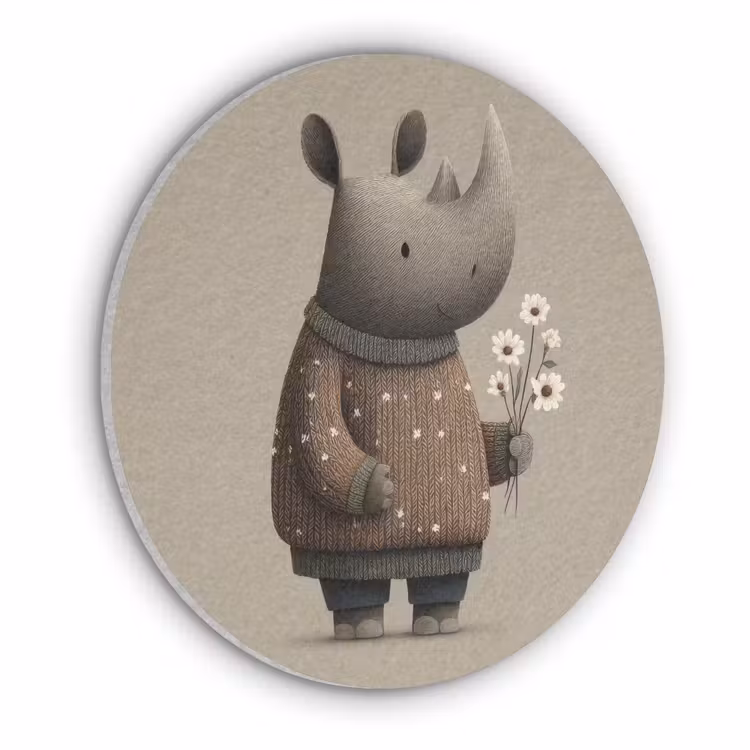 Neushoorn - Witte bloemen - Lief Akoestische PET Vilt - Rond klein -3d