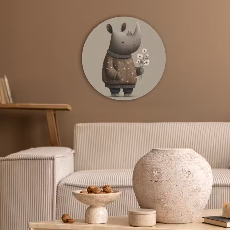 Neushoorn - Witte bloemen - Lief Akoestische PET Vilt - Rond klein -sfeer1