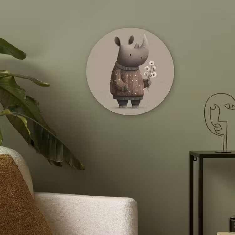 Neushoorn - Witte bloemen - Lief Akoestische PET Vilt - Rond klein -sfeer2