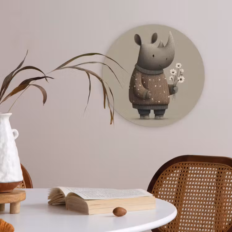 Neushoorn - Witte bloemen - Lief Akoestische PET Vilt - Rond klein -sfeer3
