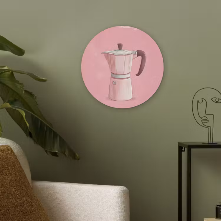 Roze - Mokkapot - Illustratie - Koffie Akoestische PET Vilt - Rond klein -sfeer2