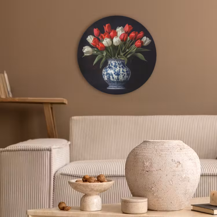Rode - Bloemen - Tulpen - Vaas Akoestische PET Vilt - Rond klein -sfeer1