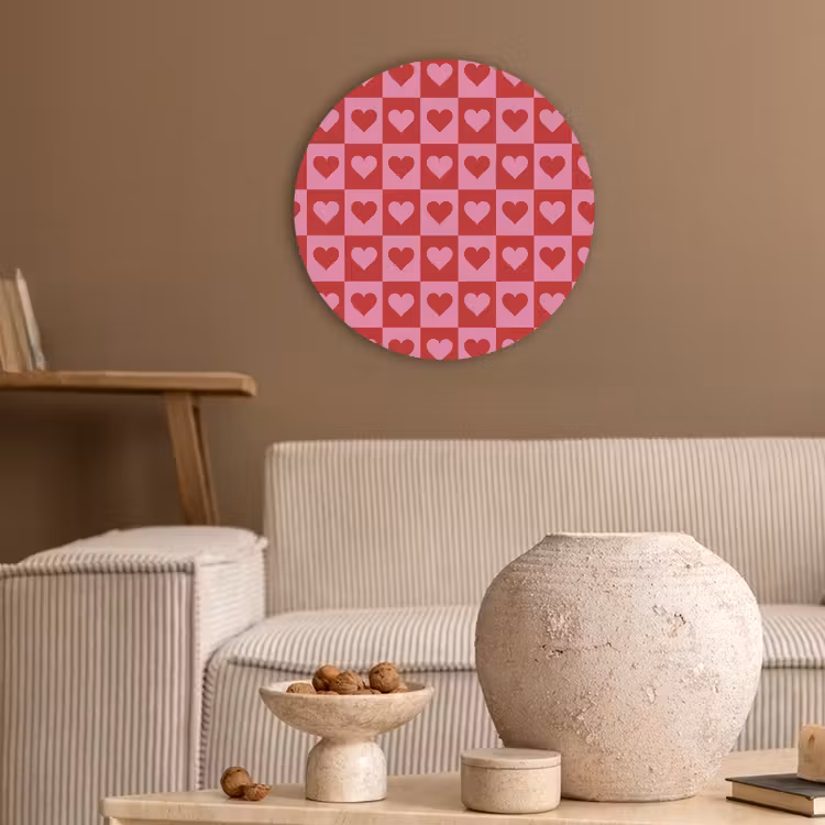 Rood - Roze - Schaakbord - Valentijn Akoestische PET Vilt - Rond klein -sfeer1