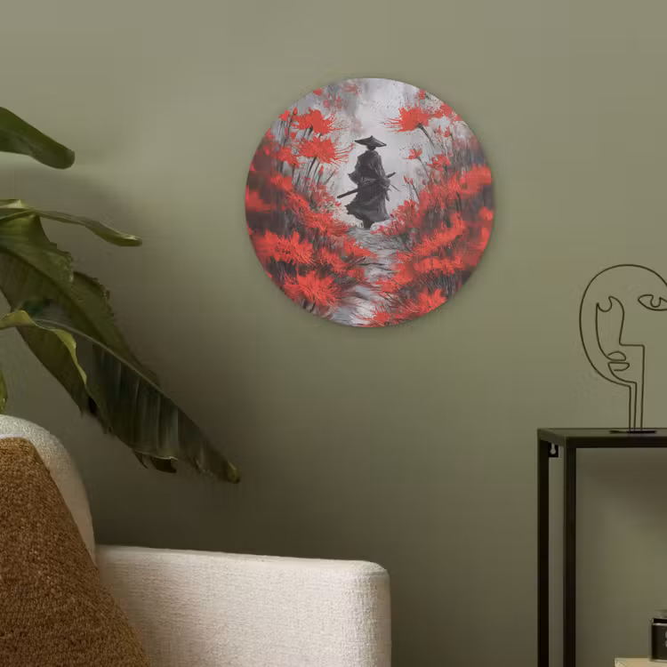 Rode bloemen - mistig - Man Akoestische PET Vilt - Rond klein -sfeer2