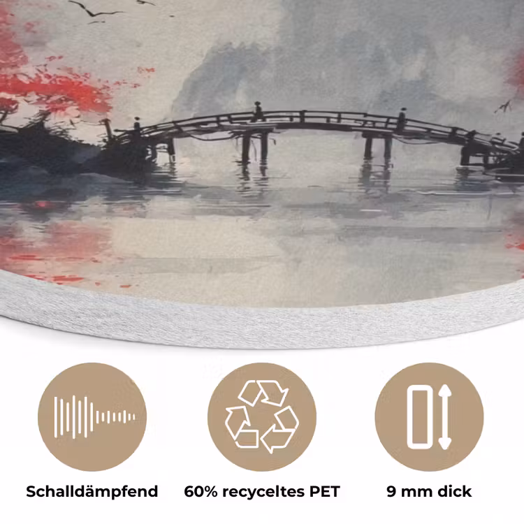 Rode zon - Rivier - brug - Bomen Akoestische PET Vilt - Rond klein -closeup_DE