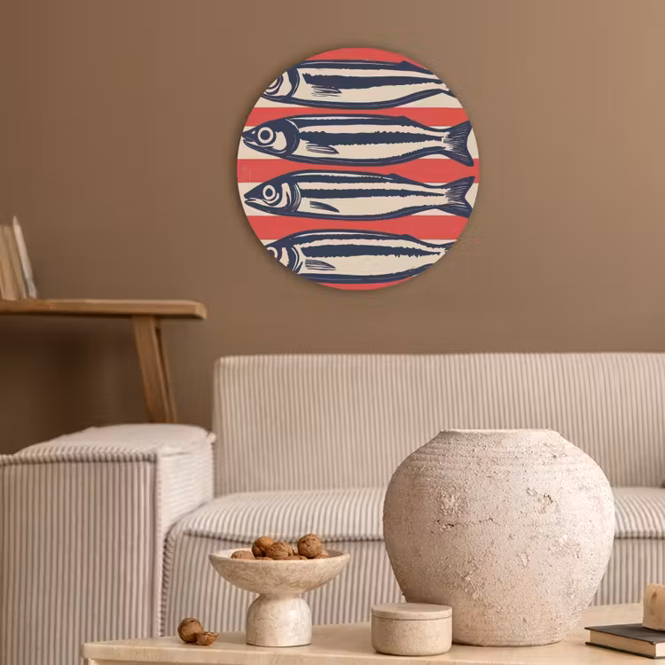 Sardines - Rood en beige strepen Akoestische PET Vilt - Rond klein -sfeer1