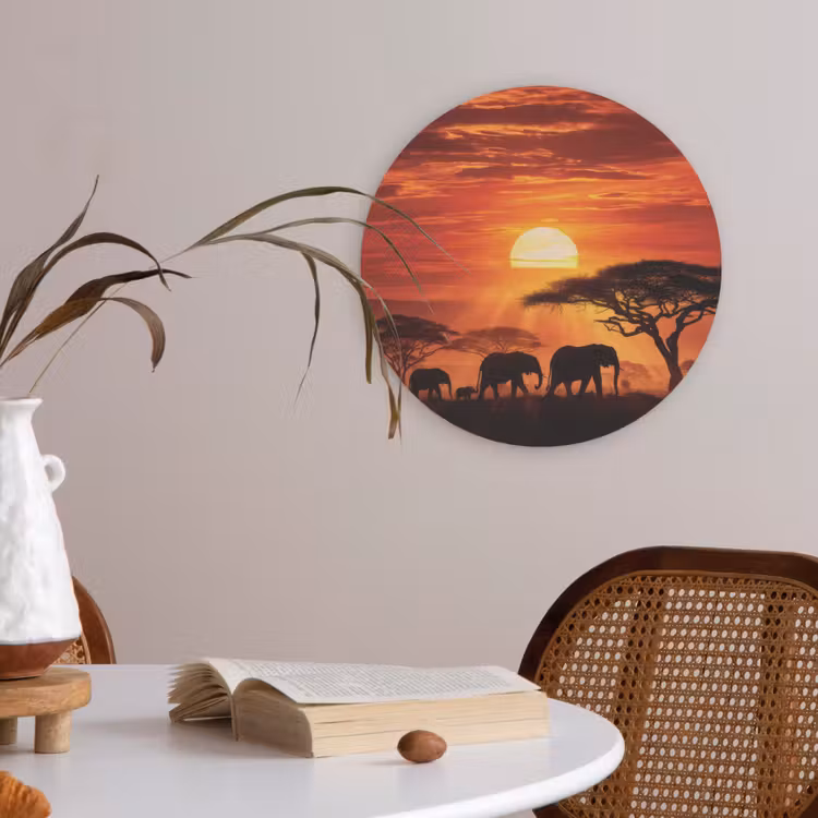 Savanne - Olifanten - Zonsondergang Akoestische PET Vilt - Rond klein -sfeer3