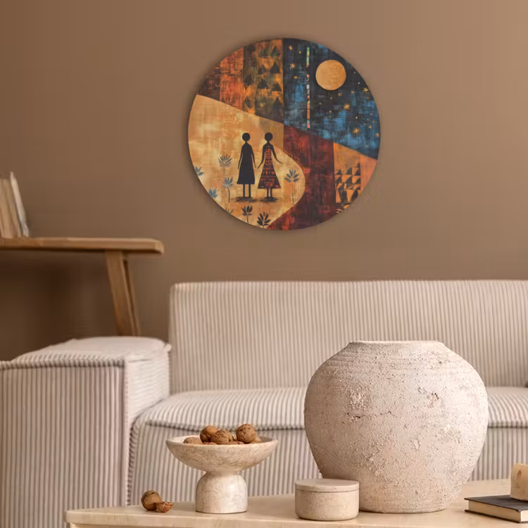Silhouetten - Abstract - Zon - Maan Akoestische PET Vilt - Rond klein -sfeer1