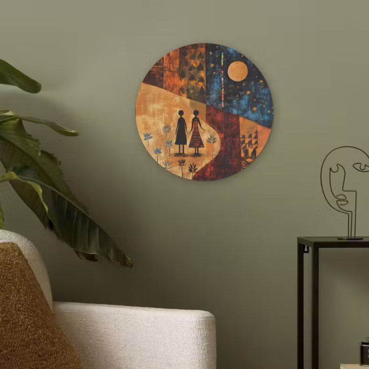 Silhouetten - Abstract - Zon - Maan Akoestische PET Vilt - Rond klein -sfeer2
