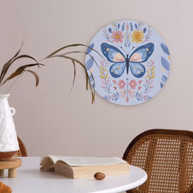 Vlinder - Lichtblauw - Sierlijk - Bloemen Akoestische PET Vilt - Rond klein -sfeer3