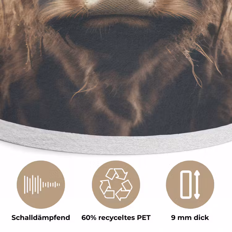 Schotse hooglander - Hoorns - Landschap Akoestische PET Vilt - Rond klein -closeup_DE