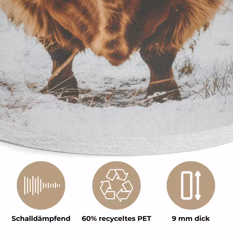 Schotse Hooglander - Landschap - Sneeuw - Bergen - Winter Akoestische PET Vilt - Rond klein -closeup_DE