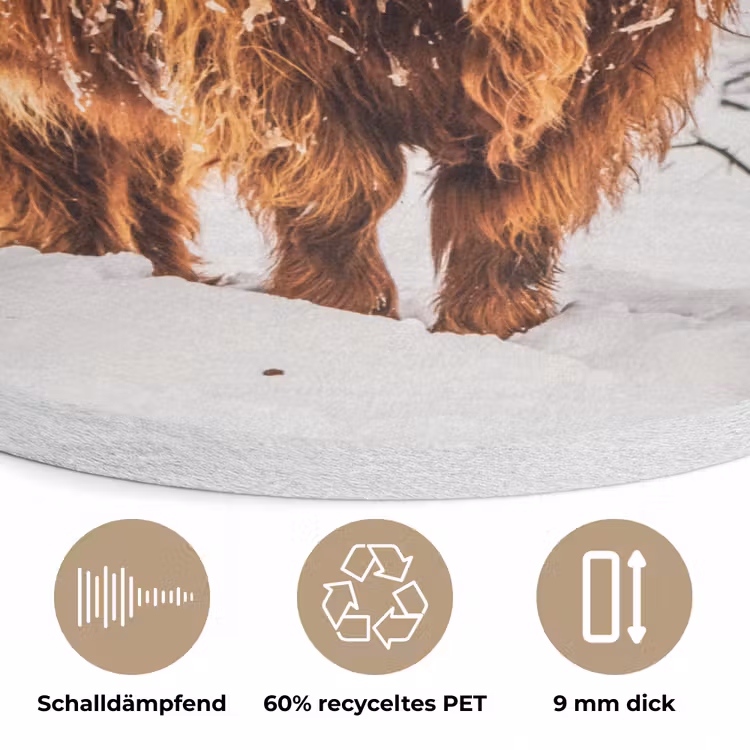 Schotse Hooglander - Sneeuw - Winter - Natuur - Dieren Akoestische PET Vilt - Rond klein -closeup_DE