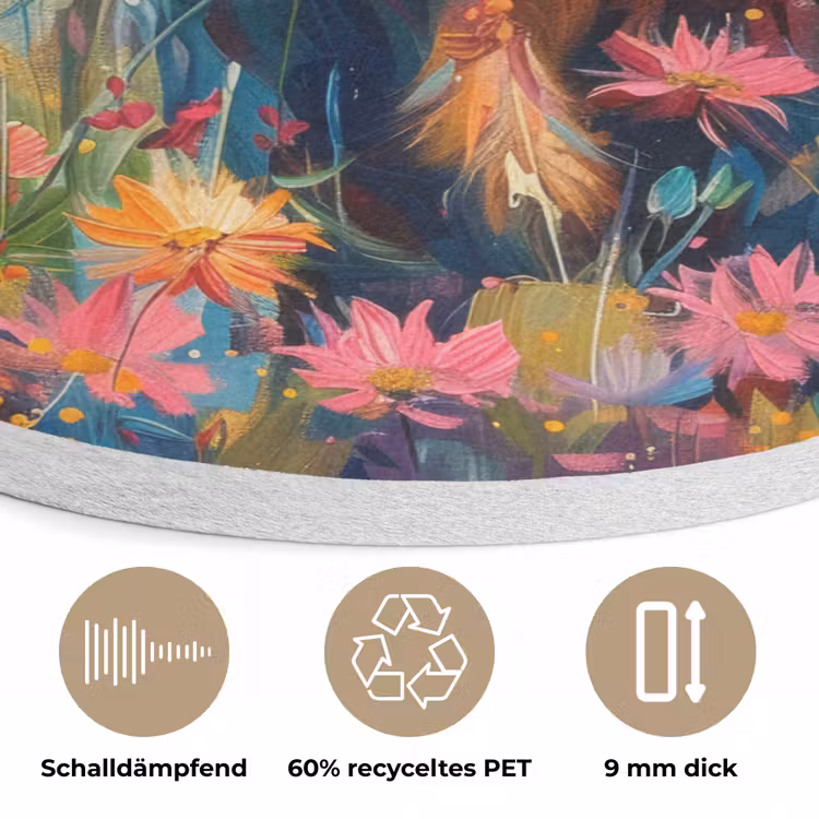 Schotse hooglander - Natuur - Kleurrijk - Bloemen Akoestische PET Vilt - Rond klein -closeup_DE