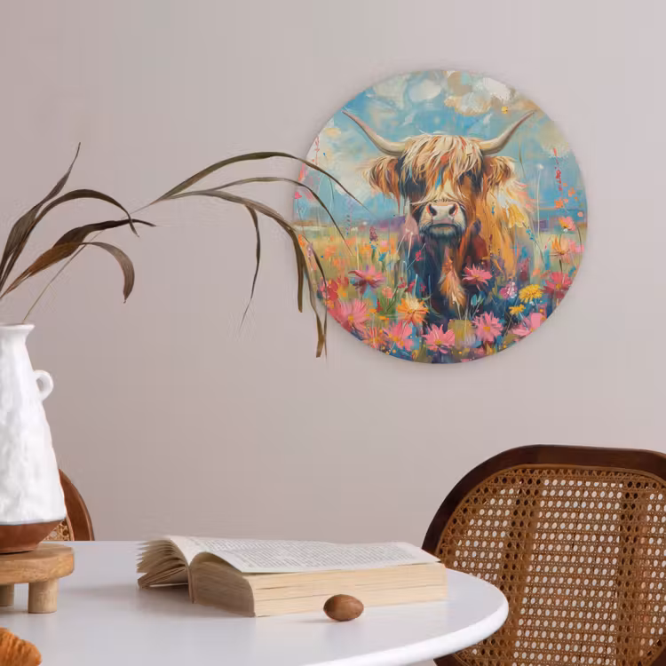 Schotse hooglander - Natuur - Kleurrijk - Bloemen Akoestische PET Vilt - Rond klein -sfeer3