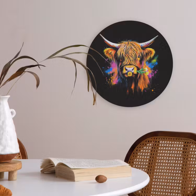 Schotse Hooglander - Graffiti - Kleurrijk - Bloem - Dieren Akoestische PET Vilt - Rond klein -sfeer3
