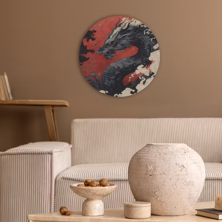 Zwarte draak - Rookwolken - Rood Akoestische PET Vilt - Rond klein -sfeer1