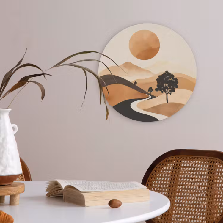 Zon - Heuvels - Boom - Abstract Akoestische PET Vilt - Rond klein -sfeer3