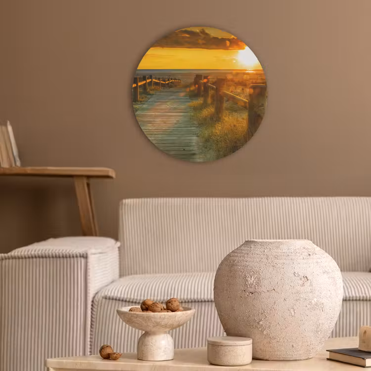 Zon - Strand - Duin - Horizon - Gras - Pad - Oranje Akoestische PET Vilt - Rond klein -sfeer1