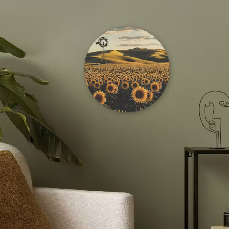 Zonnebloem - Veld - Windmolen Akoestische PET Vilt - Rond klein -sfeer2