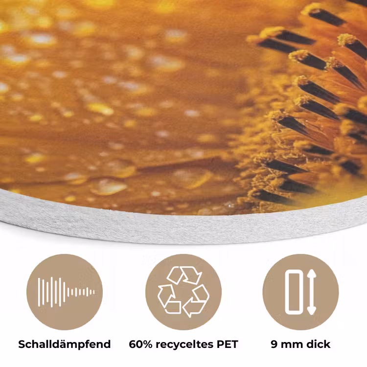Zonnebloem - Dauwdruppels - Geel - Zonlicht Akoestische PET Vilt - Rond klein -closeup_DE