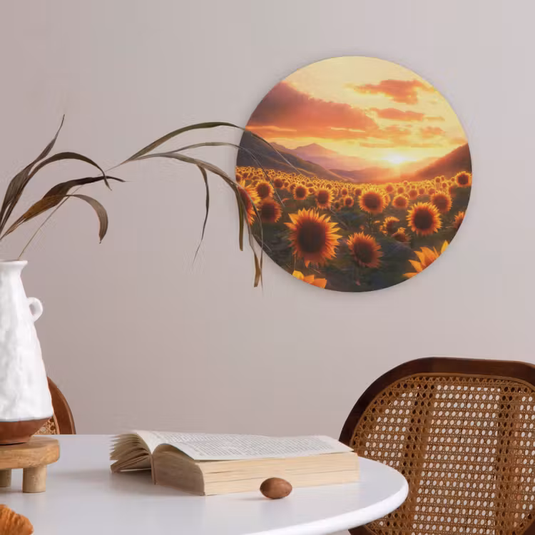 Zonnebloemen - Zonsondergang - Landschap Akoestische PET Vilt - Rond klein -sfeer3