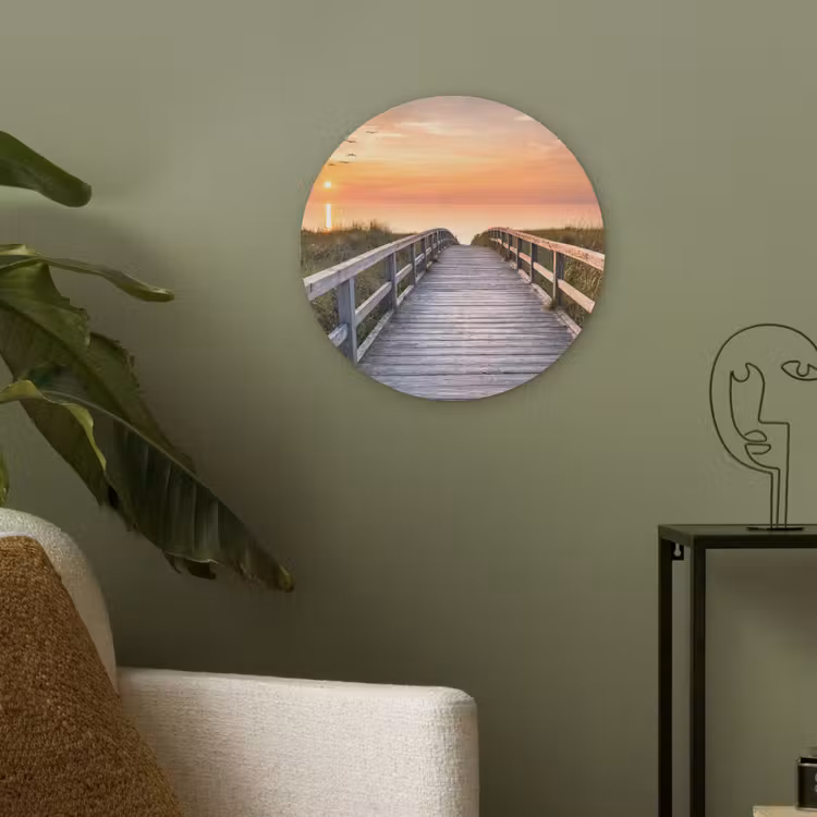 Zonsonderang - Zee - Pad - Gras - Duin - Vogels Akoestische PET Vilt - Rond klein -sfeer2