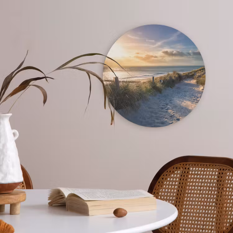 Zonsondergang - Strand - Duin - Gras - Bank Akoestische PET Vilt - Rond klein -sfeer3