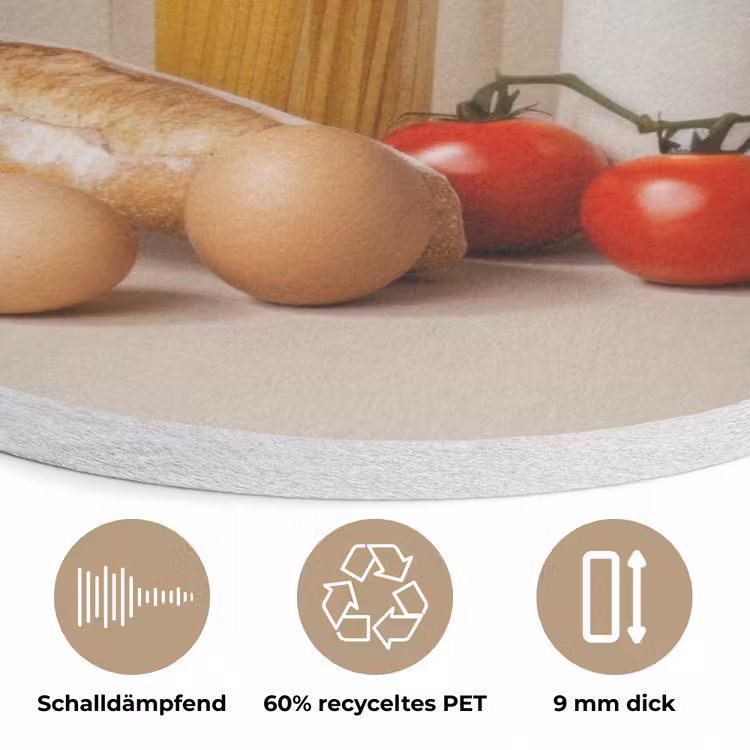 Spaghetti - Melk - Tomaten - Eieren - Brood Akoestische PET Vilt - Rond klein -closeup_DE