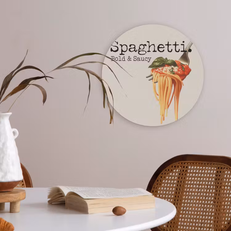 Spaghetti - tomatensaus - Parmezaanse kaas Akoestische PET Vilt - Rond klein -sfeer3