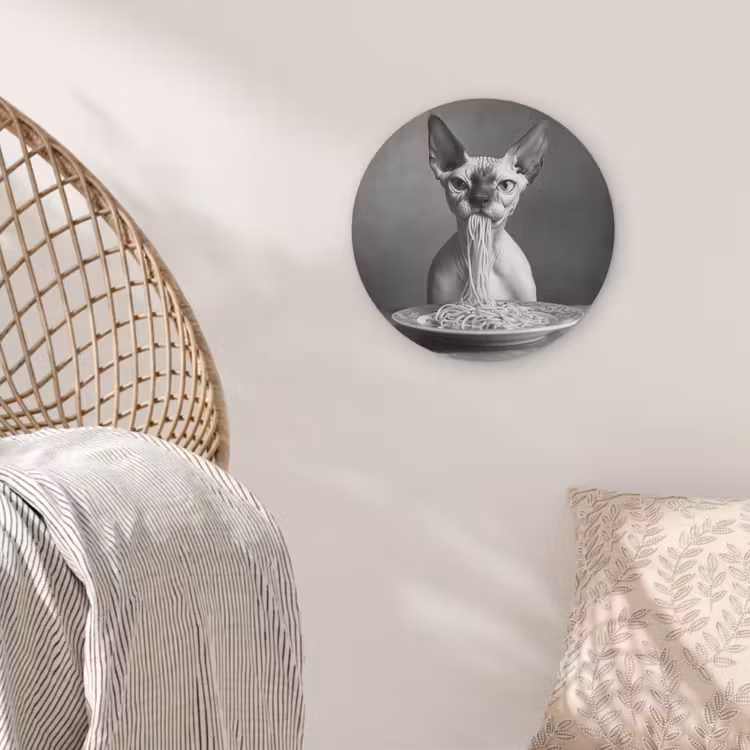 Sphynx - Kat - Dieren - Humor - Spaghetti - Zwart Wit Akoestische PET Vilt - Rond klein -sfeer4