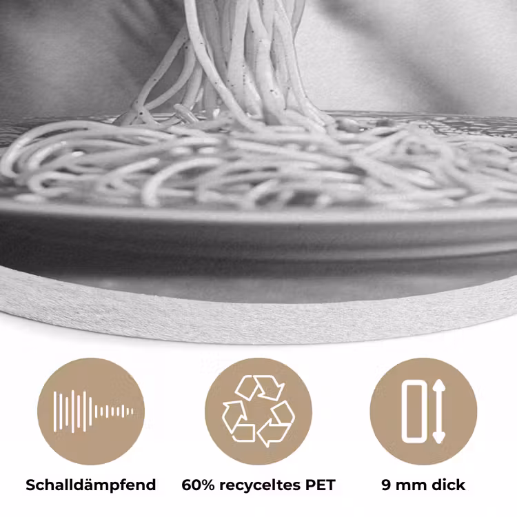 Sphynx - Kat - Dieren - Humor - Spaghetti - Zwart Wit Akoestische PET Vilt - Rond klein -closeup_DE